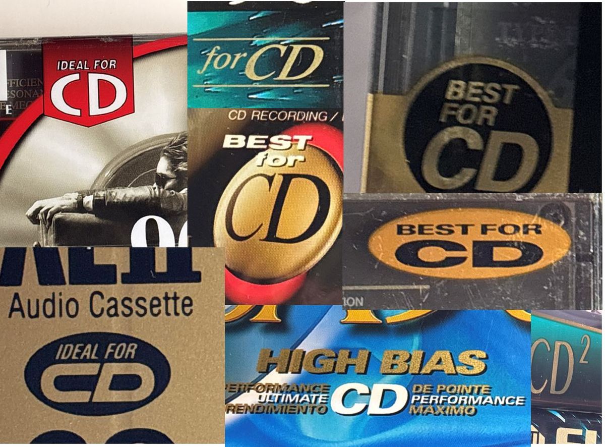 Montage of blank cassette tape wrappers marketed for CD copying